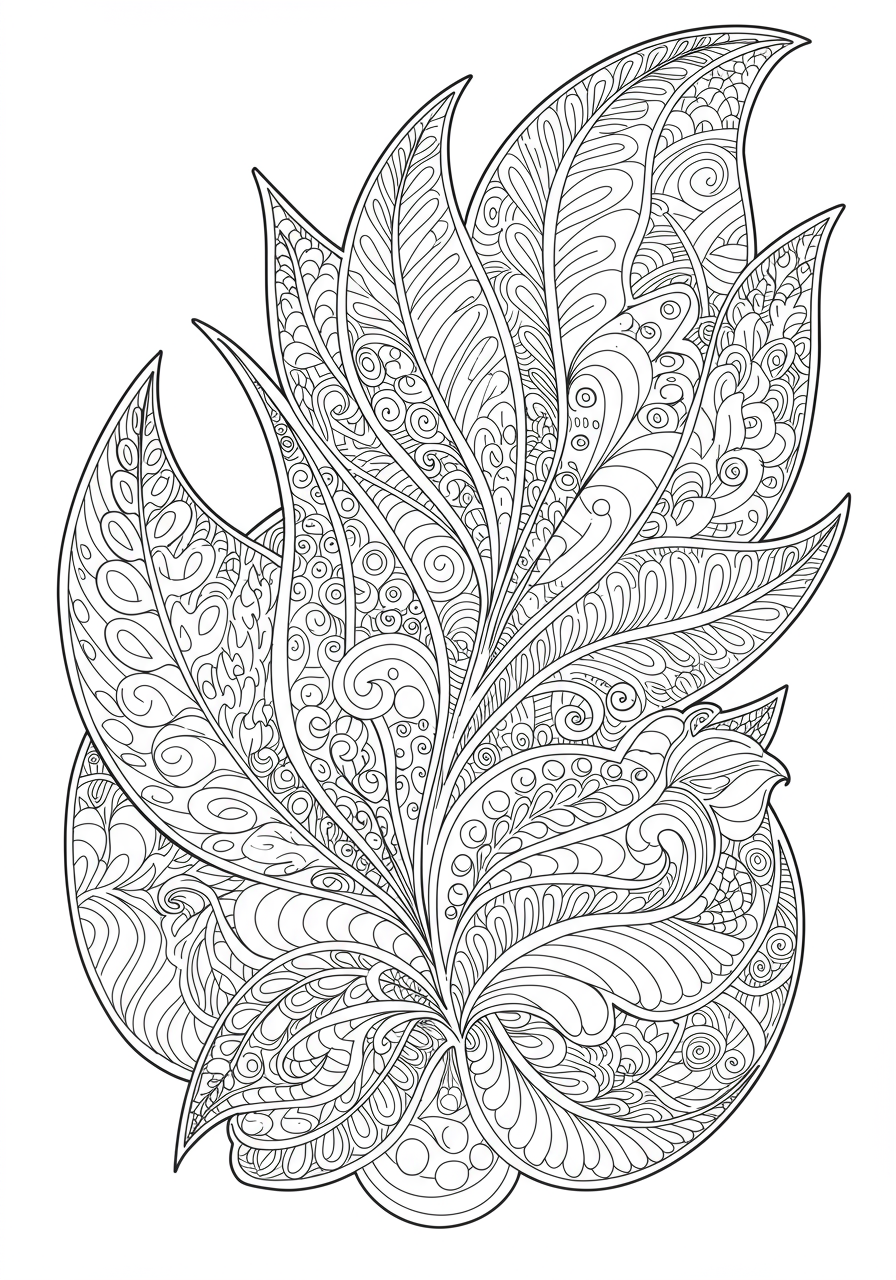 A free printable coloring page featuring an easy abstract leaf design with swirling lines and nature-inspired patterns, suitable for kids.