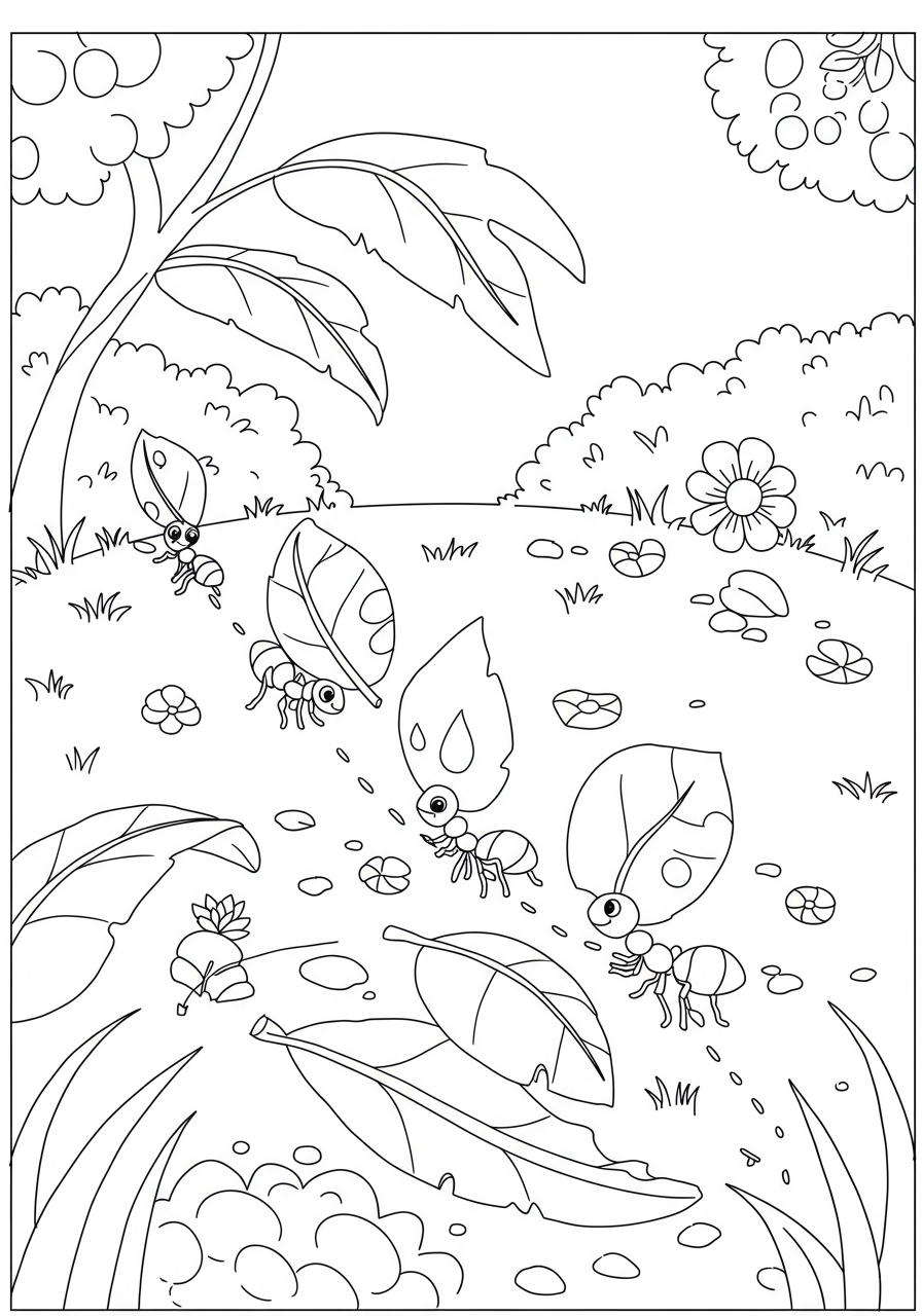 Free printable Ant Trail Leaves coloring page for kids, showing a line of busy ants carrying leaf pieces.