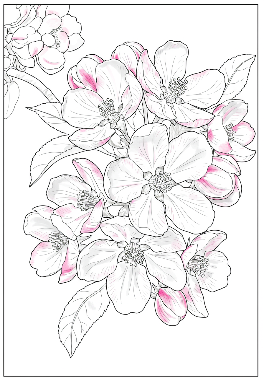 Close-up of beautiful apple tree blossoms on branches, ready for coloring. This free printable coloring page depicts delicate white and pink flowers, perfect for kids.