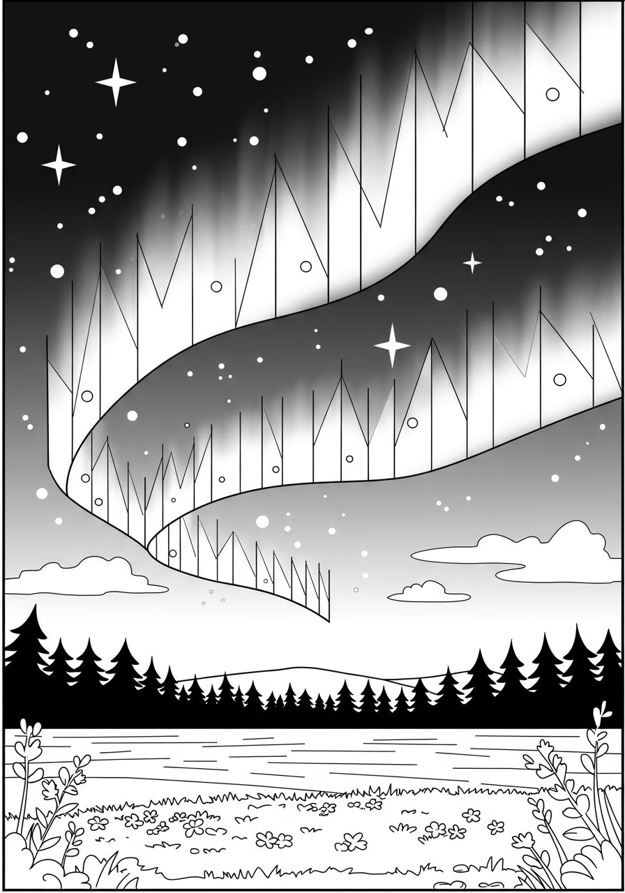 A free printable coloring page featuring a simple illustration of the Aurora Borealis sky with swirling lights, twinkling stars, and a basic landscape silhouette for kids to color.
