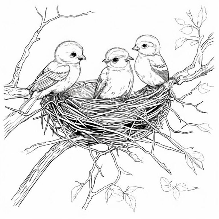 A cute free printable coloring page featuring fluffy baby birds with open beaks in a cozy nest on a tree branch, perfect for kids.