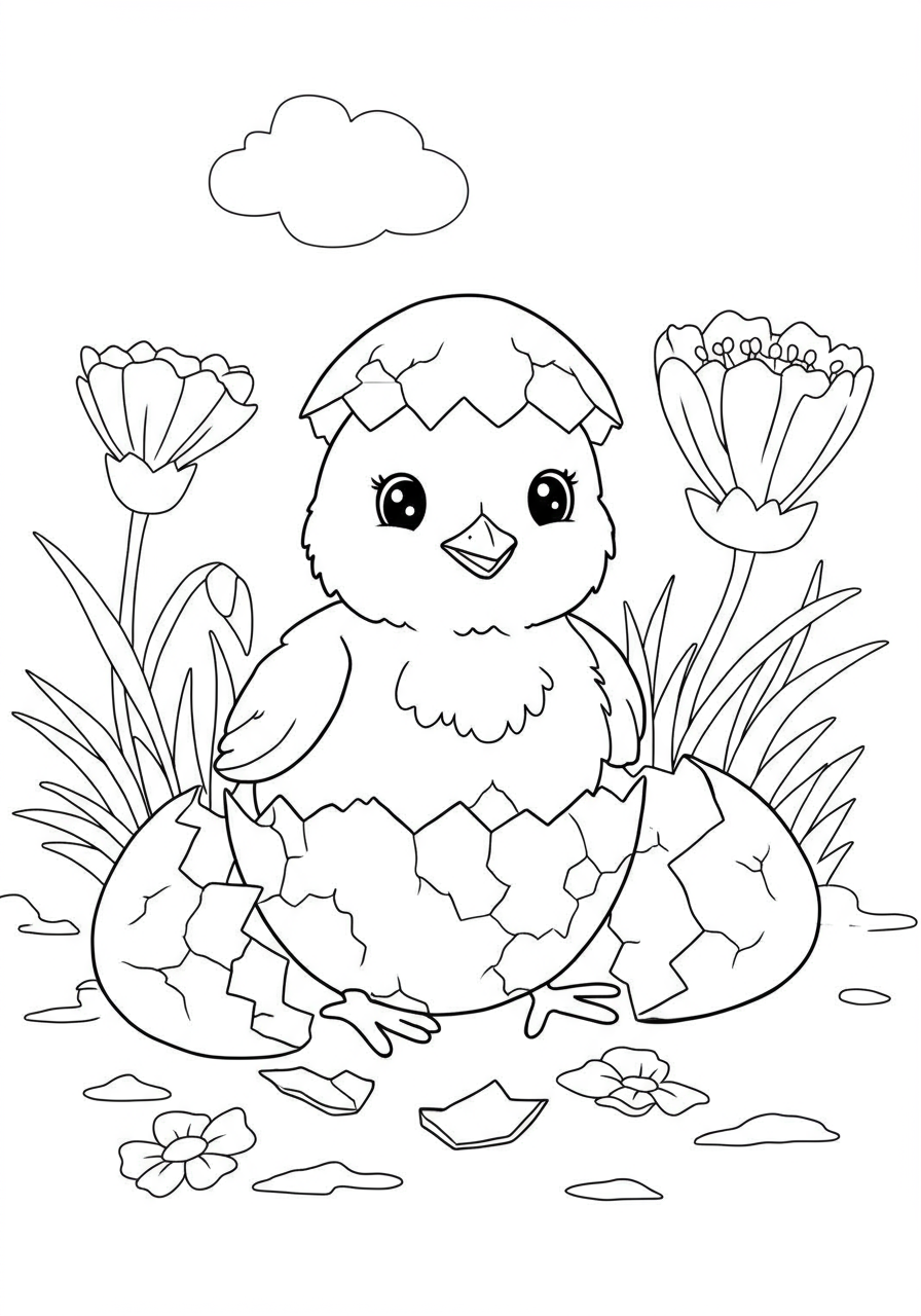 A free printable coloring page showing a cute baby chick just hatching from a cracked eggshell, with simple outlines for easy coloring, perfect for kids.