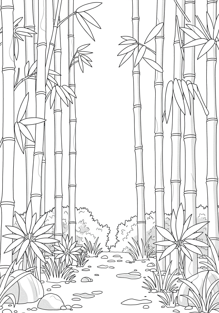Free printable coloring page featuring a simple and repeating bamboo forest pattern, perfect for kids to color and explore nature.