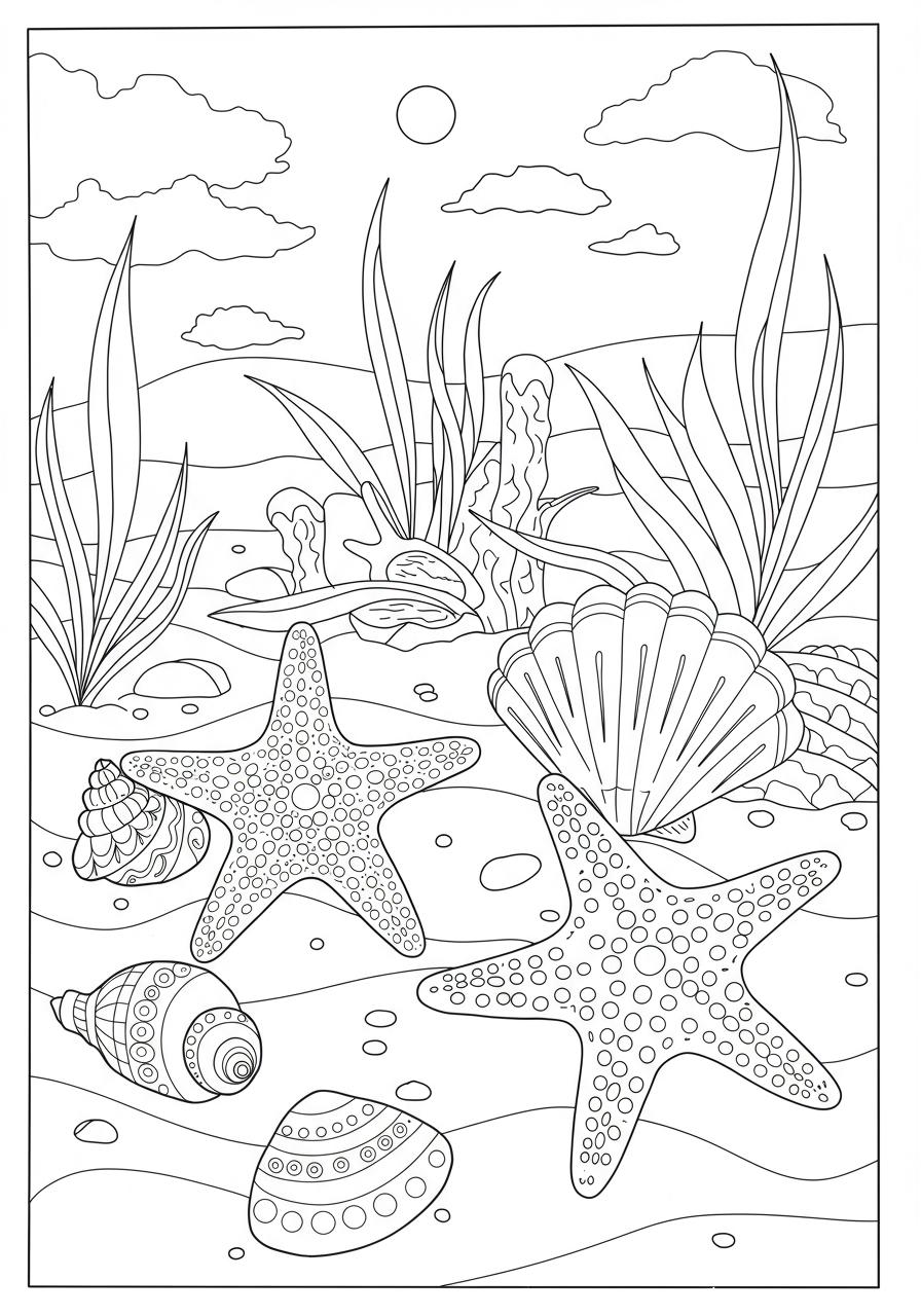 Free printable coloring page featuring a collection of beach seashells and starfish, perfect for kids to color.