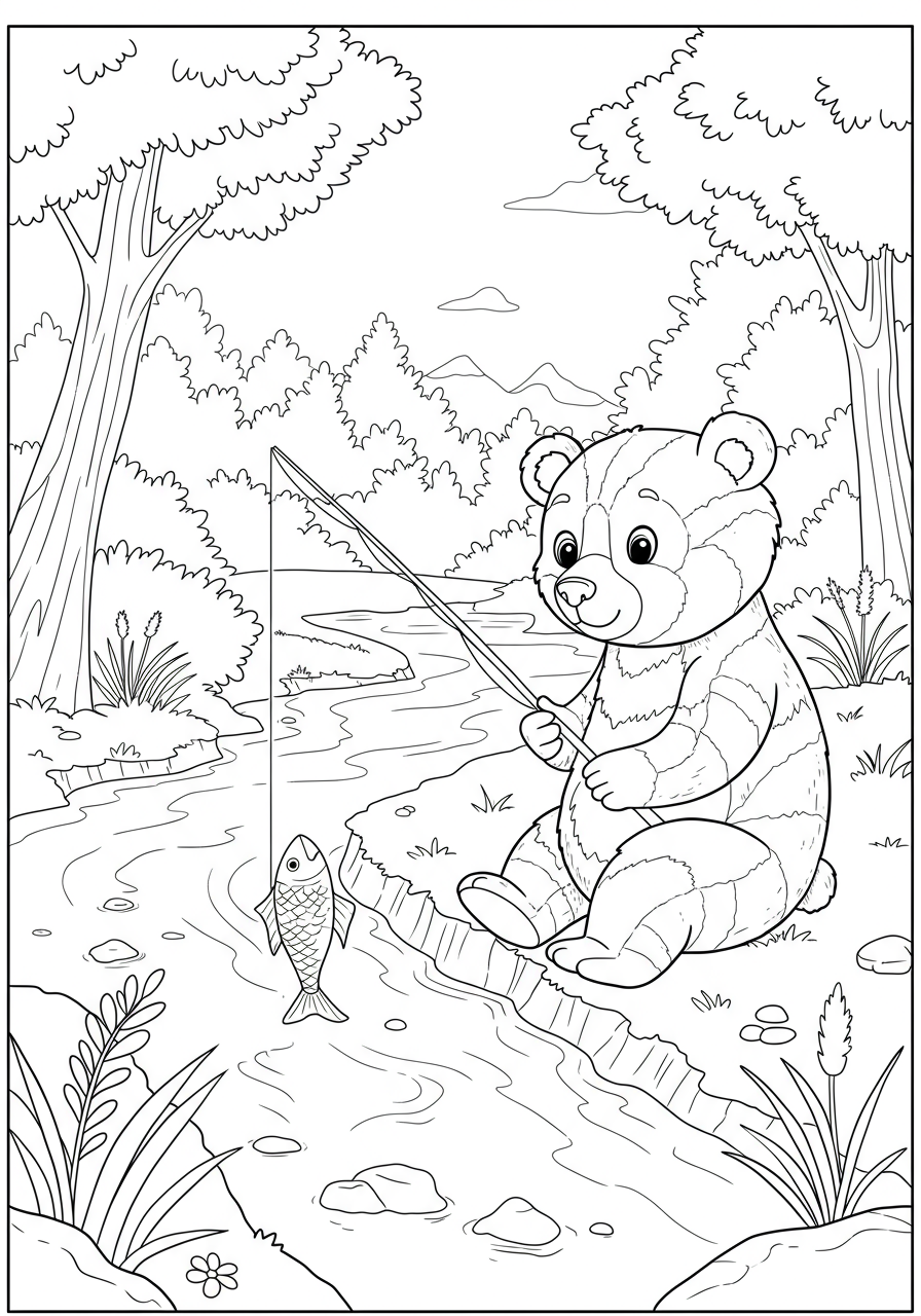 Free printable bear cub fishing stream coloring page for kids, featuring a cute bear cub by a river with trees in the background.