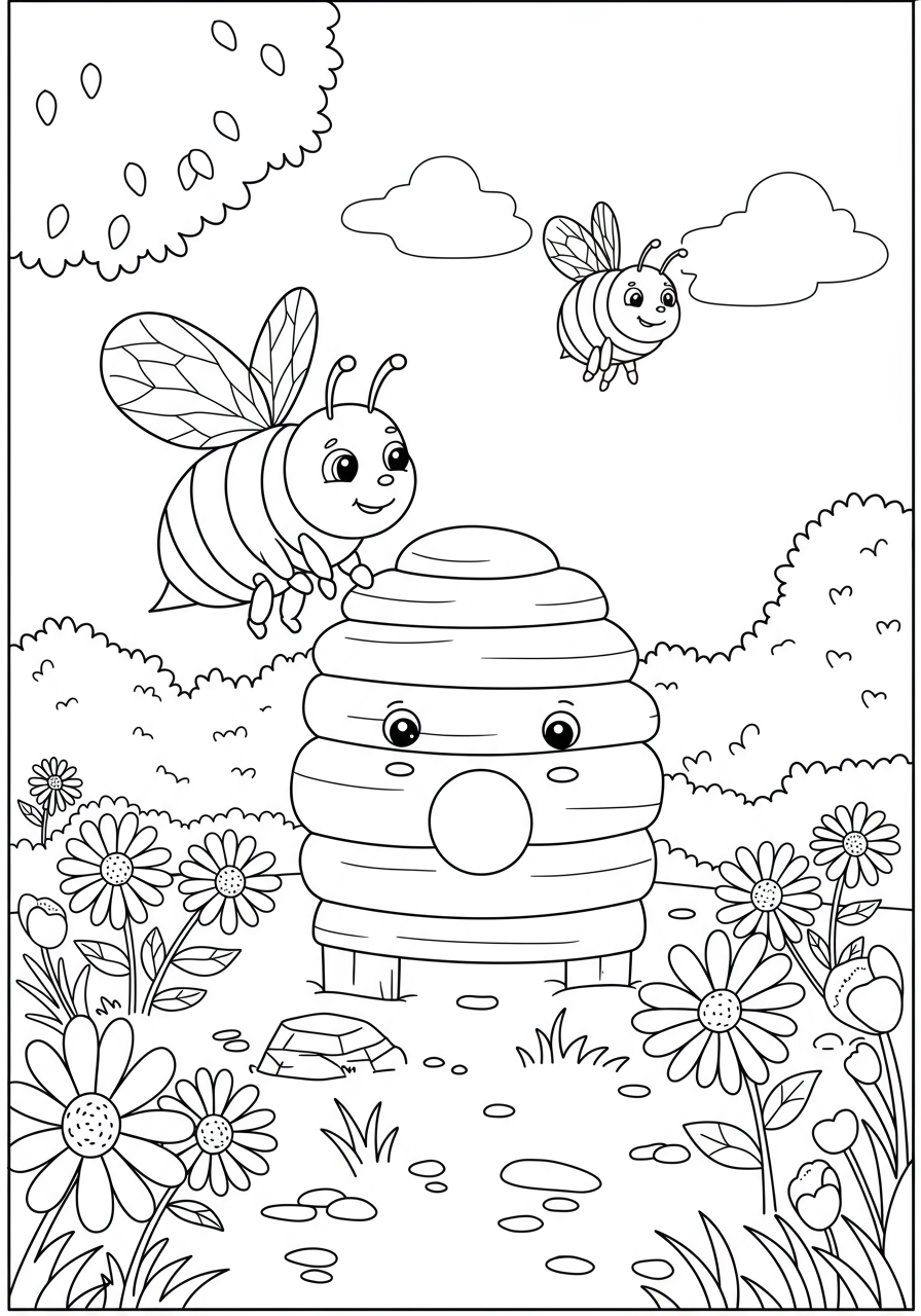 A free printable coloring page featuring a cheerful bee buzzing around a happy hive, with some flowers, perfect for kids.