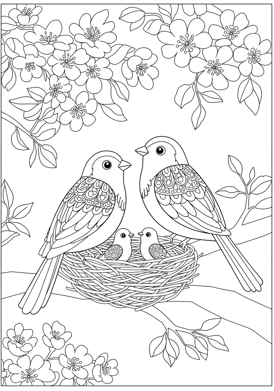 A free printable coloring page depicting a bird family, including parent birds and baby chicks, in a nest built on a tree branch with leaves.