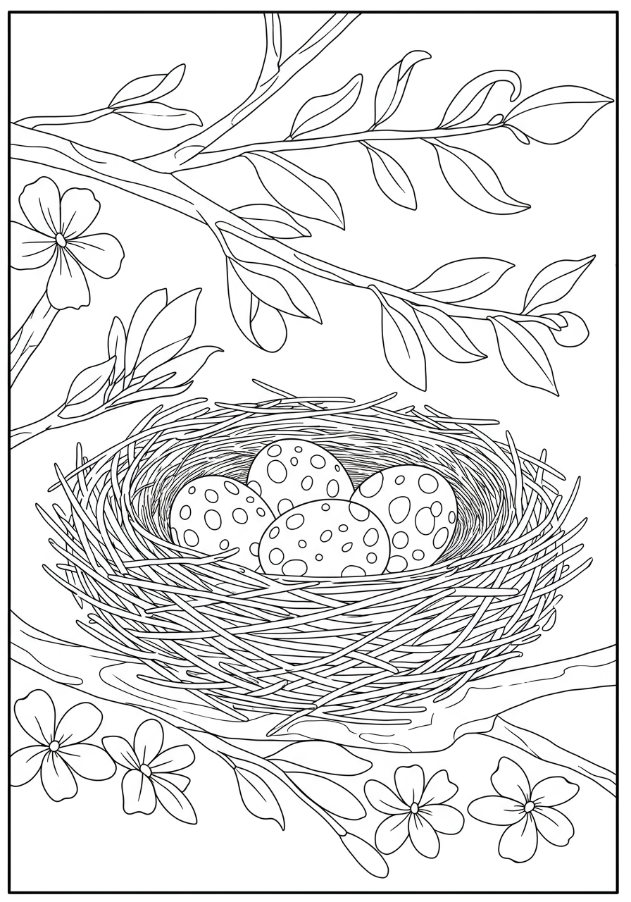 Free printable coloring page featuring a bird's nest with speckled eggs nestled safely amongst branches and green leaves, ready for kids to color.