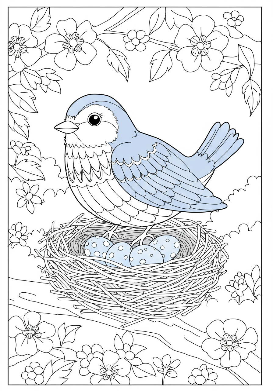 Free printable coloring page featuring an easy-to-color bluebird perched on its nest with light blue eggs, set against a simple nature background for kids.