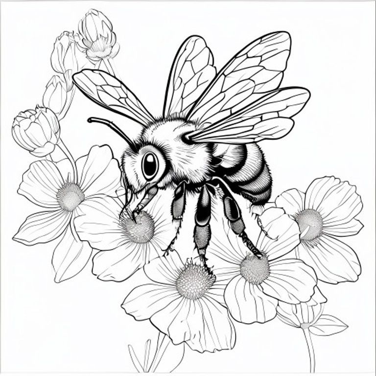 A free printable coloring page featuring a busy bumblebee with black and yellow stripes, gathering nectar from a large blooming flower, perfect for kids.