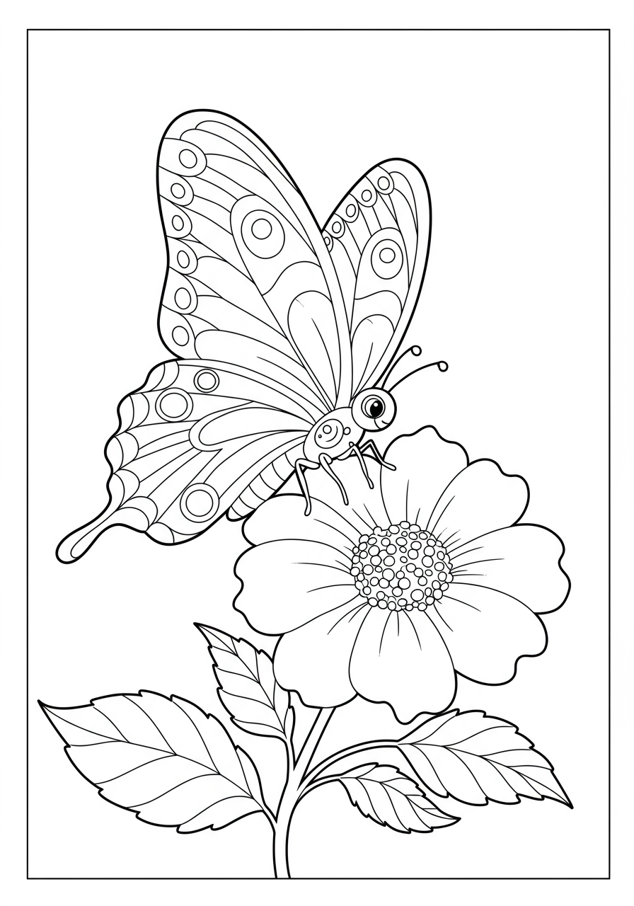 A free printable coloring page showing a happy butterfly with detailed wings resting gently on a blooming flower with leaves, perfect for kids.