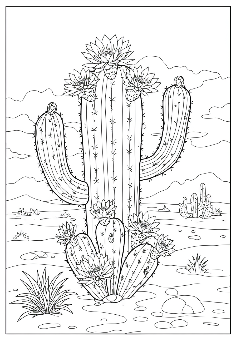 Free printable coloring page for kids showing a cactus with vibrant desert blooms and a simple desert landscape in the background.