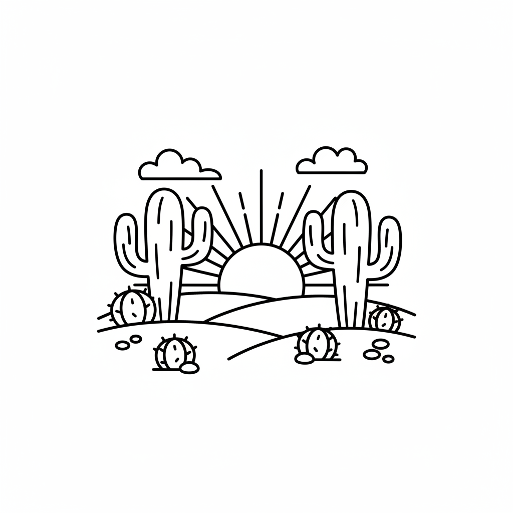 A free printable coloring page showing a serene cactus desert sunset scene with saguaro cacti, a setting sun, and distant mountains, perfect for kids.