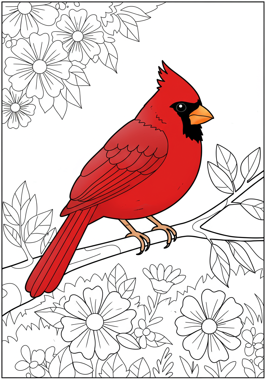 A free printable coloring page showing a bright red cardinal bird perched on a simple tree branch, perfect for kids.