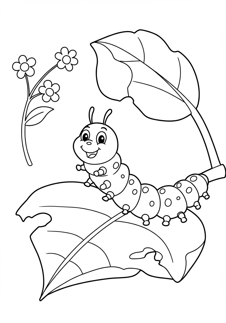 A simple, free printable coloring page showing a friendly caterpillar happily munching on a large green leaf, perfect for young children.