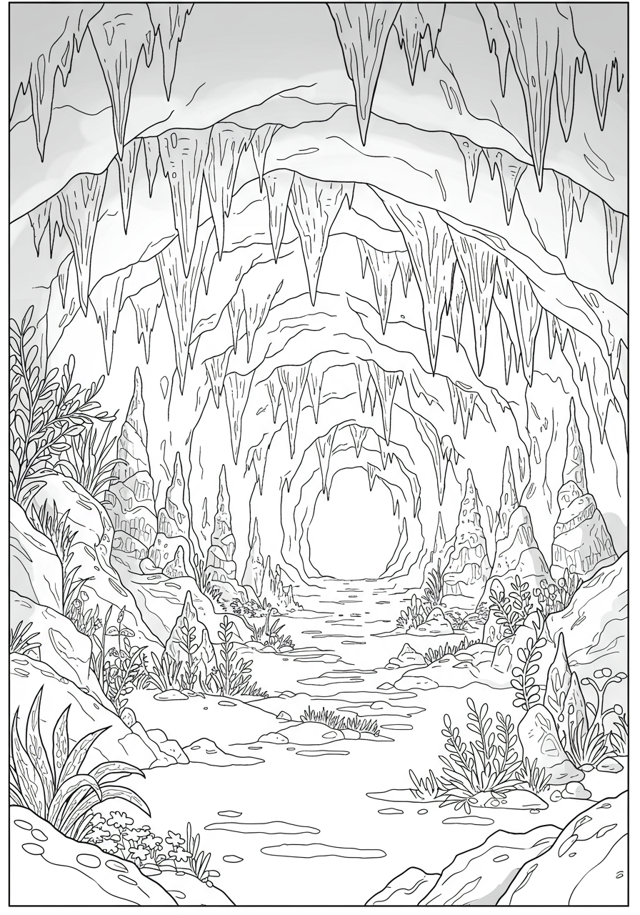 Free printable coloring page featuring a detailed illustration of a cave interior with various stalactites hanging from the ceiling and stalagmites growing from the floor, suitable for kids.