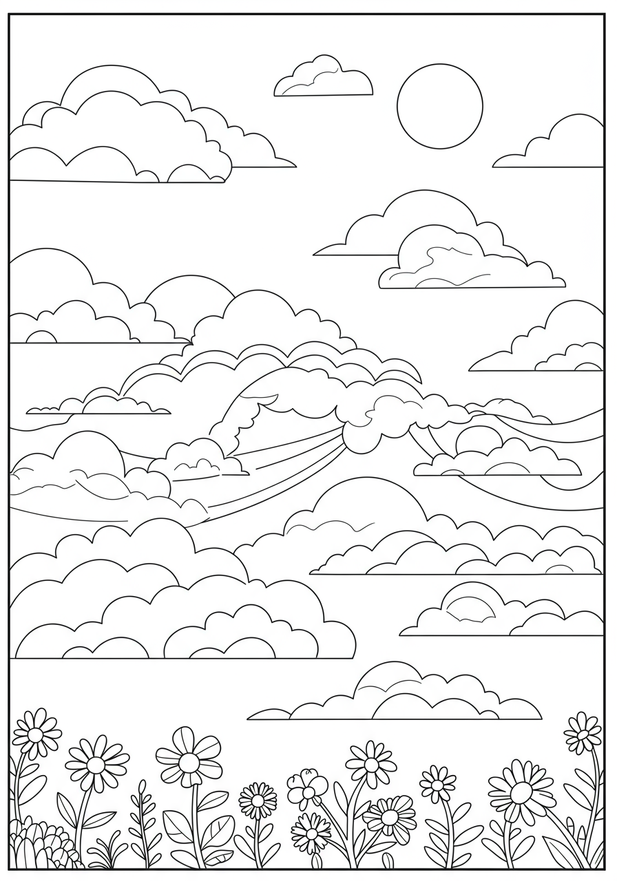 A free printable coloring page featuring various easy-to-color cloud formations like fluffy cumulus, wispy cirrus, and flat stratus clouds against a simple sky background, perfect for kids.