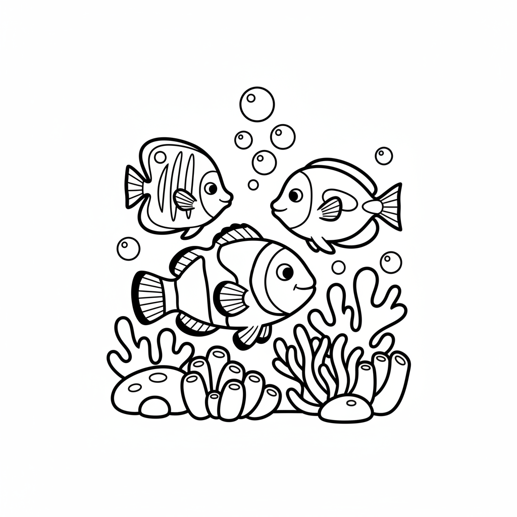 Illustration of a vibrant coral reef scene featuring various colorful fish like clownfish and angelfish, swimming around intricate coral formations. This free printable coral reef fish coloring page is designed for kids to enjoy.