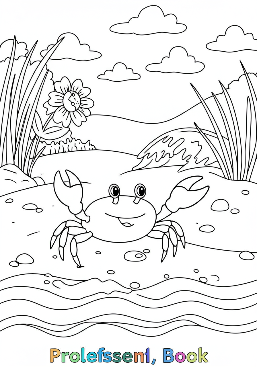 A friendly crab happily sitting on a sandy beach with a small wave, ready to be colored. This free printable coloring page is perfect for young artists to explore nature and marine life.