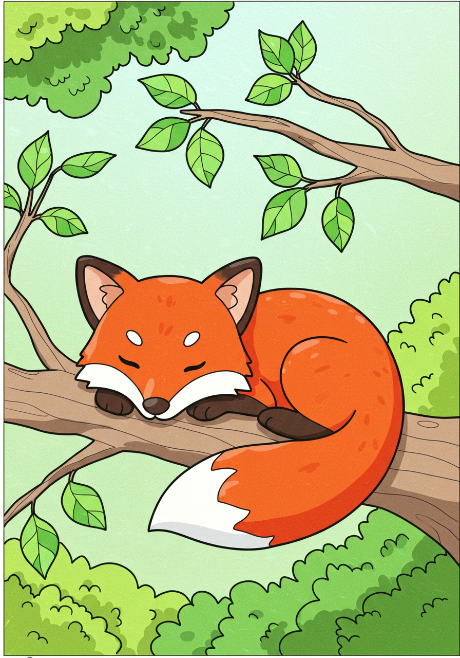 Free printable coloring page featuring a cute red fox sound asleep on a tree branch, surrounded by green leaves. Perfect for kids to color and enjoy.