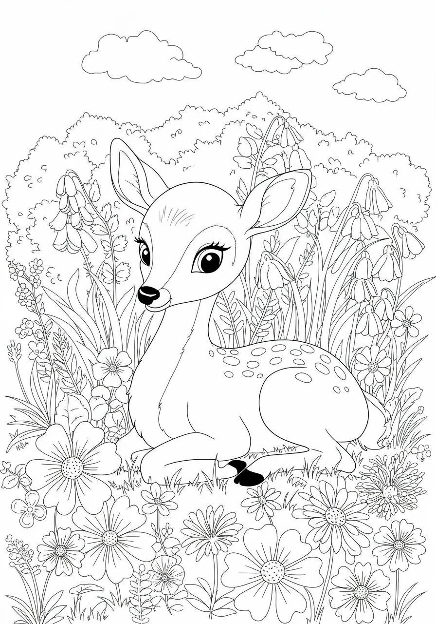 Free printable coloring page featuring an adorable deer fawn nestled among a variety of blooming wildflowers, perfect for kids and easy to color.