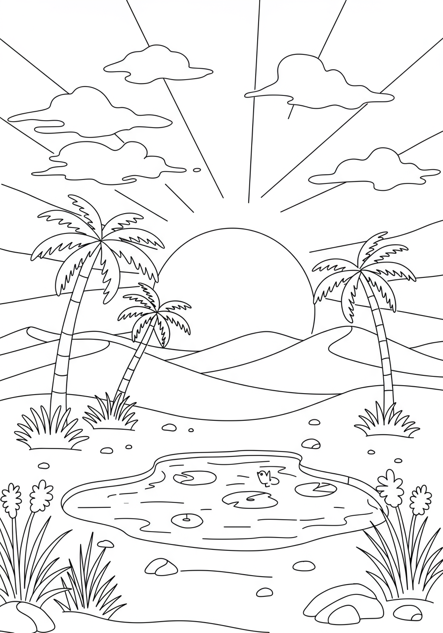 Illustration of a free printable desert oasis sunset coloring page for kids, featuring palm trees, a pond, sand dunes, and a setting sun in the sky.