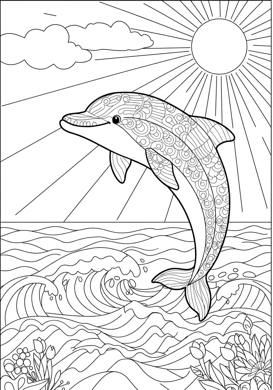A free printable coloring page featuring a happy dolphin arching gracefully over ocean waves under a sunny sky, designed for kids.