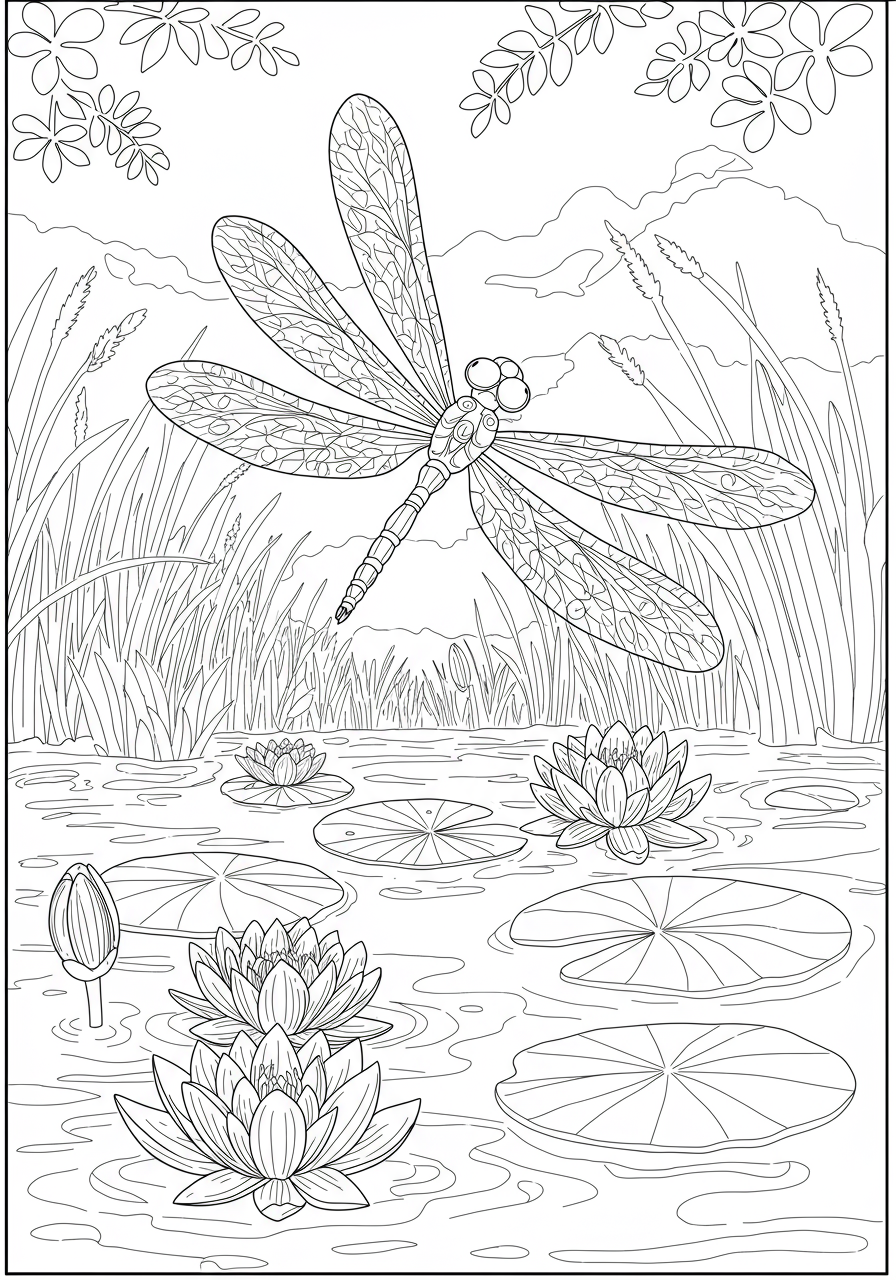 Free printable Dragonfly Over Pond coloring page showing a colorful dragonfly flying over lily pads and calm water, perfect for kids.