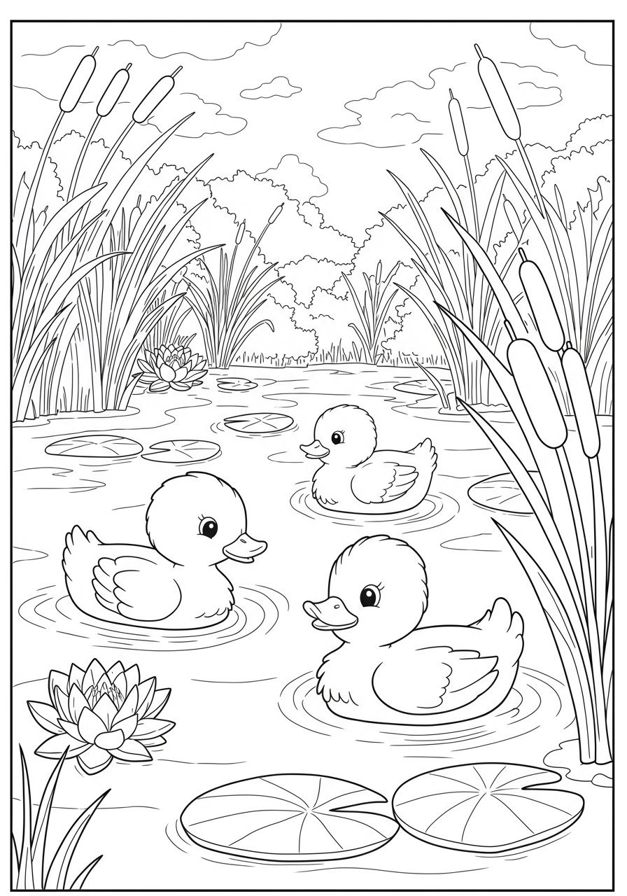 Free printable coloring page featuring cute fluffy ducklings swimming in a serene pond with lily pads and green reeds, suitable for young children.