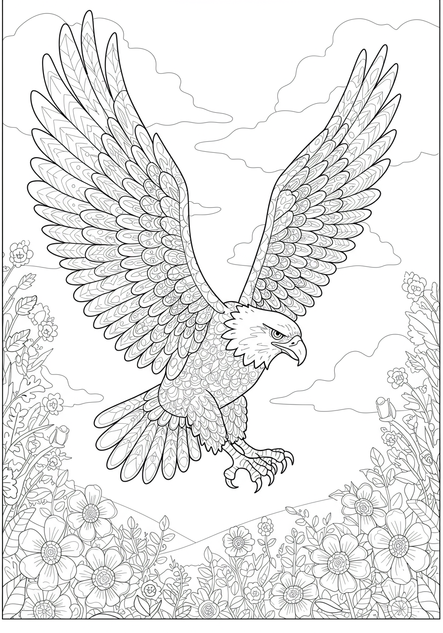 A free printable coloring page featuring a majestic eagle with its wings spread wide, soaring gracefully through the sky, perfect for kids to color and enjoy.