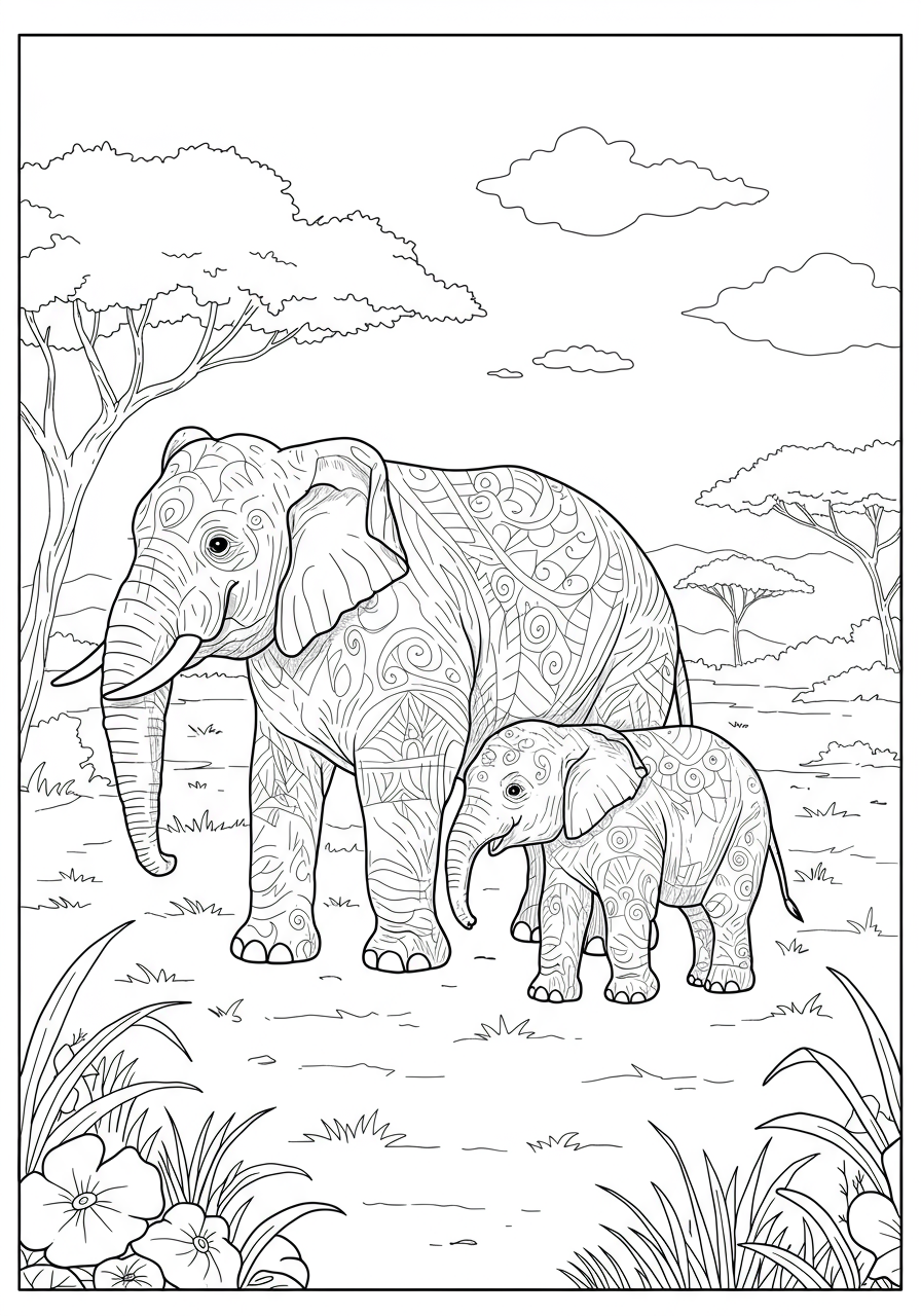 An illustration of a free printable elephant family walking coloring page featuring a mother, father, and baby elephant walking together in a natural savanna setting with grass and distant trees.