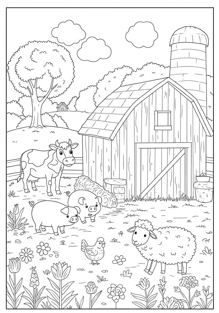 A detailed yet easy-to-color free printable coloring page depicting various farm animals like a cow, pig, chicken, and sheep inside and around a rustic barn, perfect for young children.