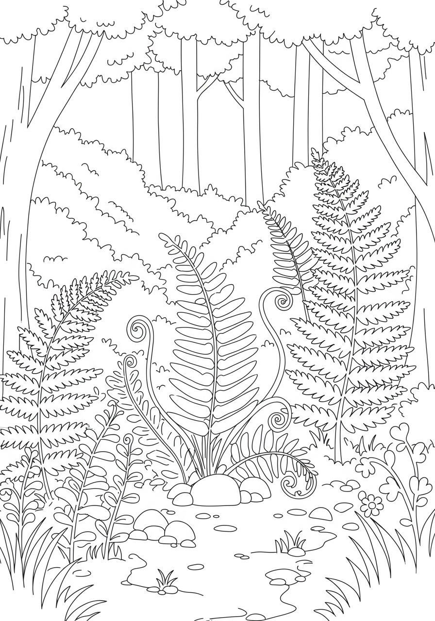 Free printable coloring page featuring a simple, easy-to-color illustration of various ferns growing in a peaceful forest setting, suitable for kids.