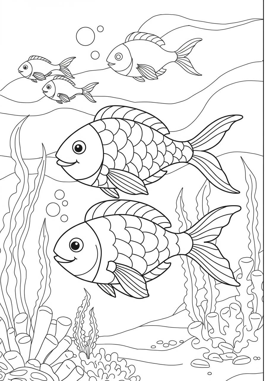 Free printable coloring page featuring cartoon fish swimming gracefully through swaying green seaweed, perfect for young children to color.