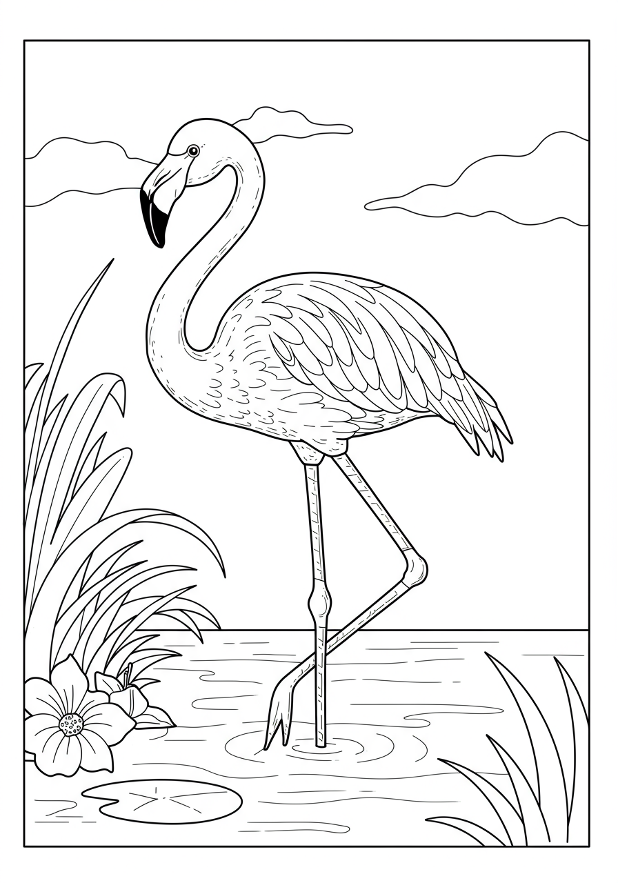 Free printable coloring page featuring a graceful flamingo standing in shallow water, perfect for kids and easy to color.