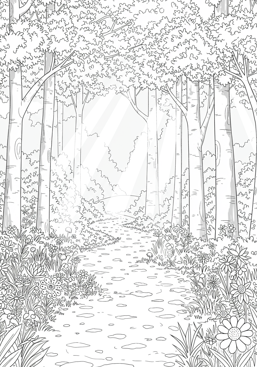 An illustration of a beautiful forest path with sunbeams shining through the trees, designed as a free printable coloring page for kids.