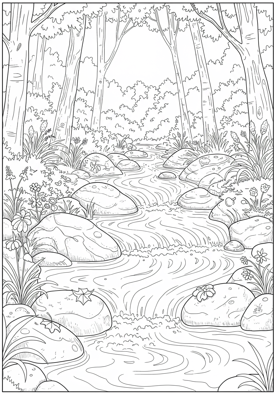 Free printable coloring page featuring smooth rocks in a forest stream with flowing water, perfect for kids to color and explore nature.