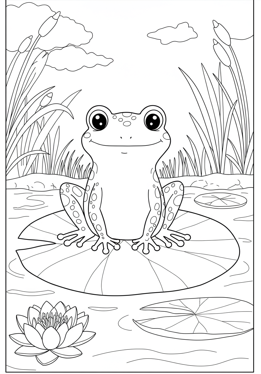 Illustration of a happy frog sitting on a large lily pad in a pond, ready for coloring. Free printable frog on lilypad coloring page for kids.