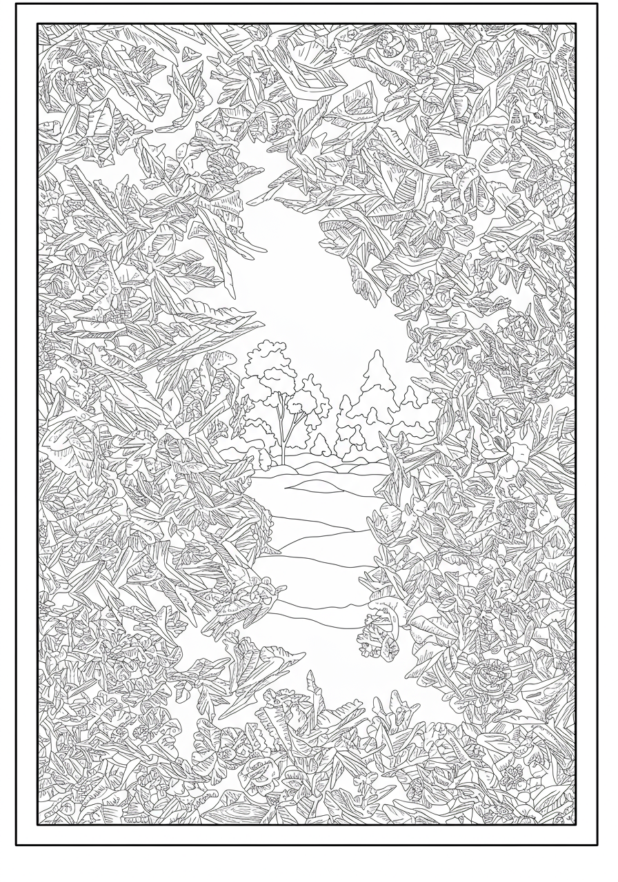 Free printable Frosty Window Winter coloring page showing intricate ice crystal patterns on a windowpane with a glimpse of an outdoor winter scene, designed for kids.