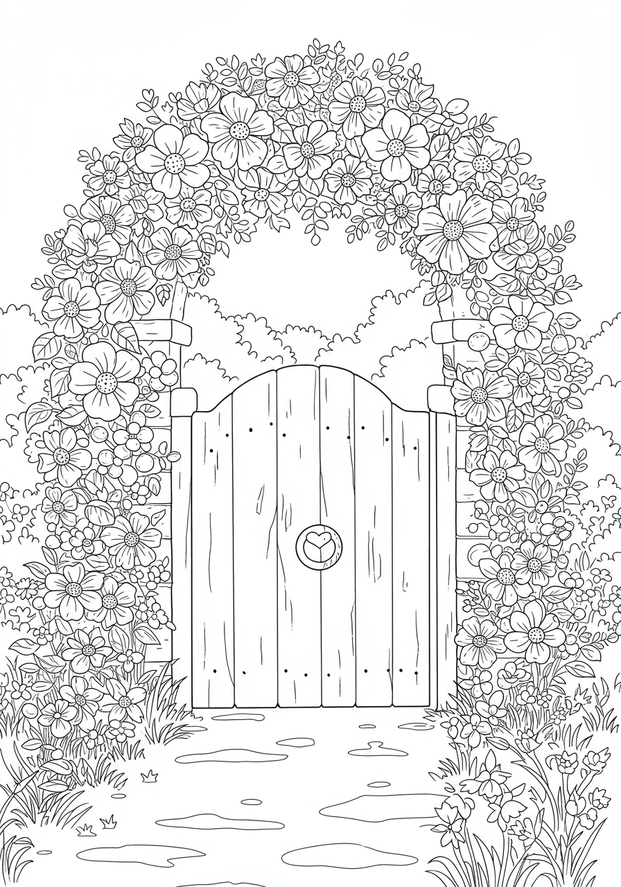 Free printable coloring page featuring a charming garden gate covered in blooming flowers, perfect for kids.