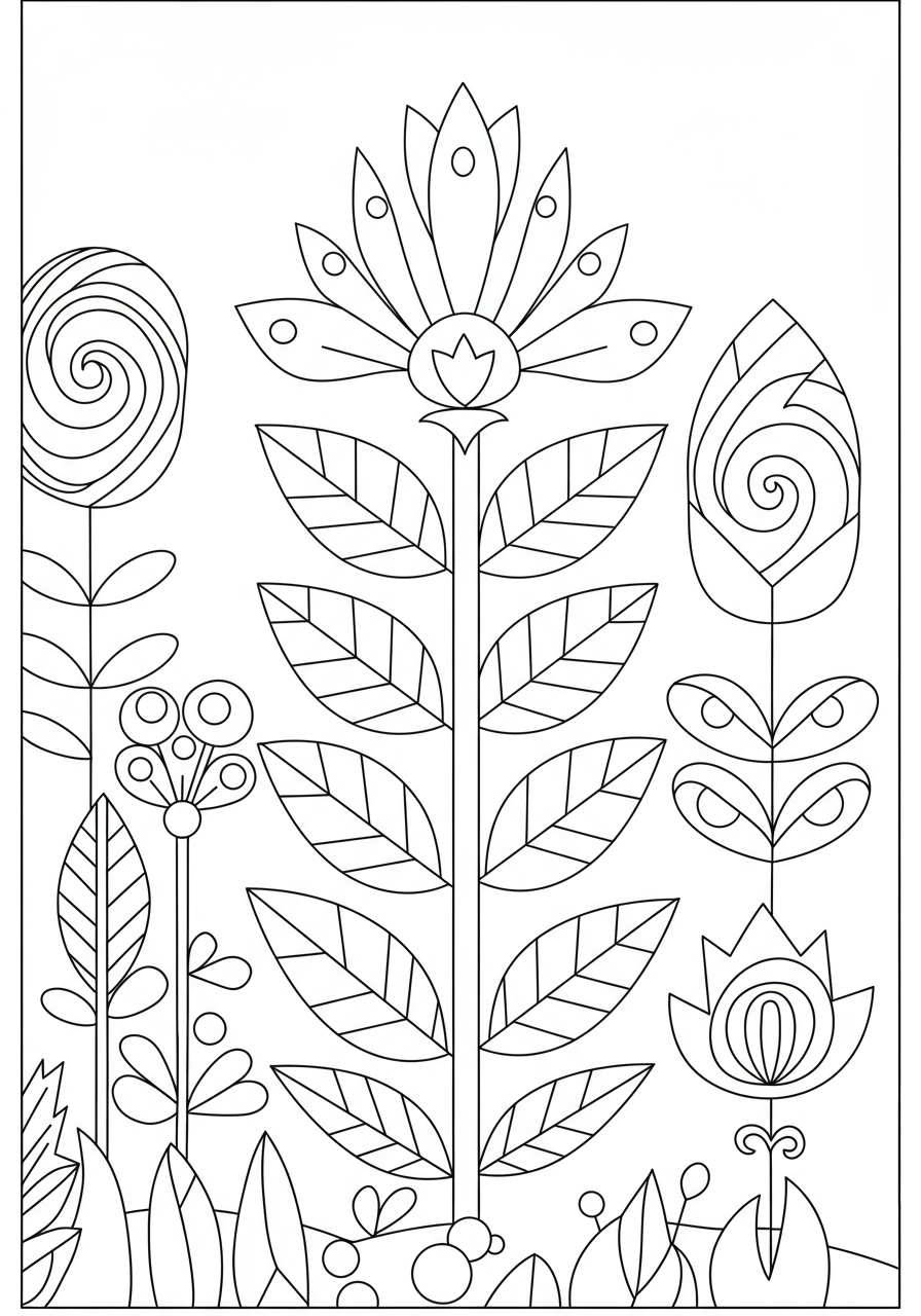 Free printable coloring page featuring a geometric nature pattern with stylized leaves and flowers made from shapes, perfect for kids.