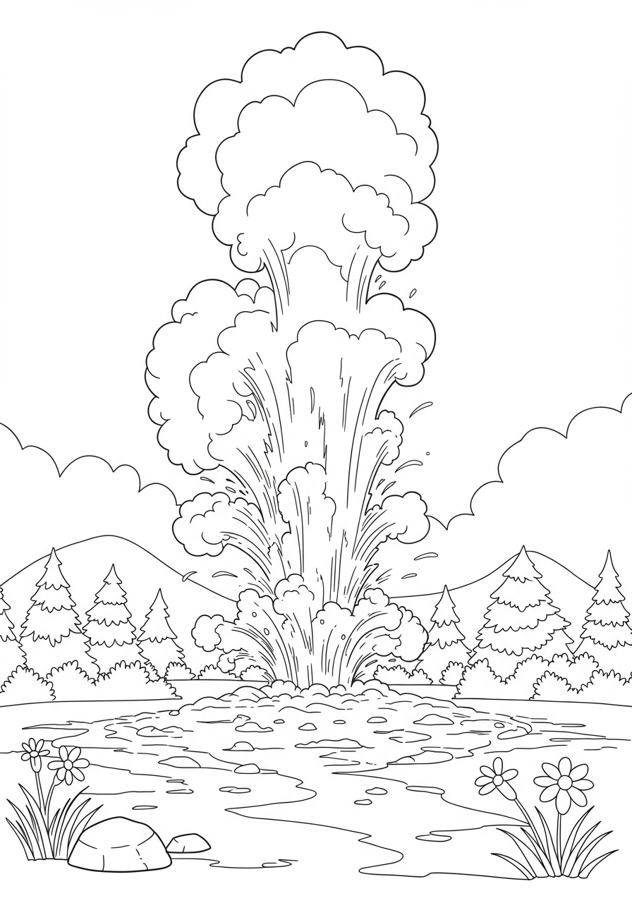A free printable coloring page for kids showing a simple outline of a geyser erupting a large plume of steam high into the sky from a rocky ground, designed for easy coloring.