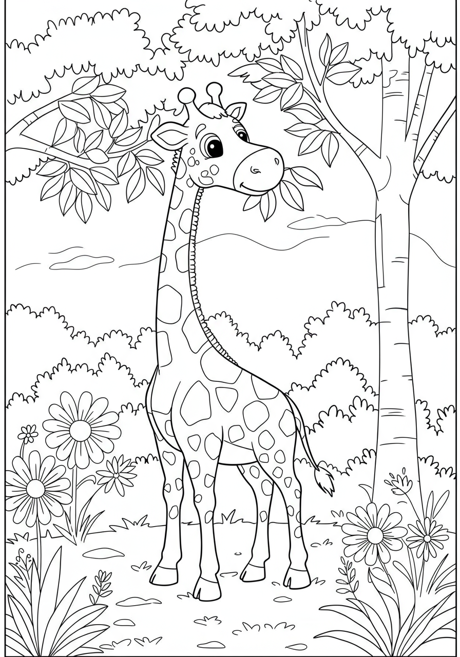 A free printable coloring page featuring a happy giraffe with a long neck eating leaves from a tall tree, set against a simple background for easy coloring by kids.