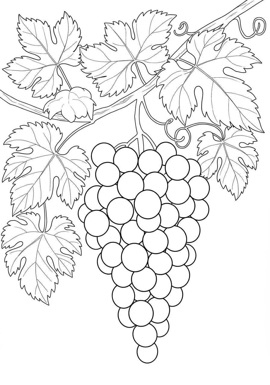 Close-up of a free printable Grapevine with Fruit coloring page featuring large clusters of grapes hanging from a leafy vine, designed for easy coloring by kids.