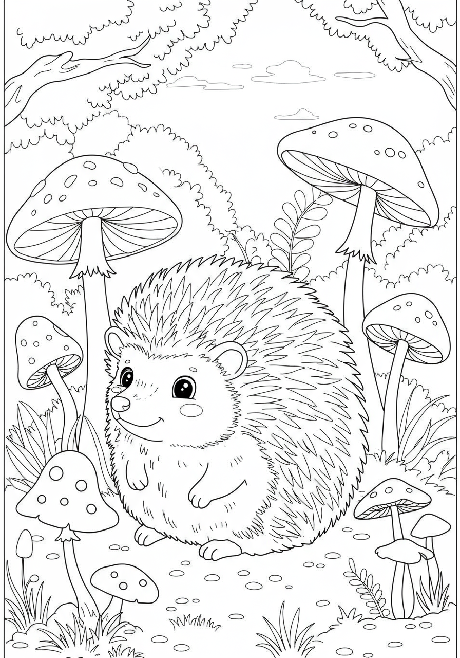 A free printable coloring page depicting a cute hedgehog with friendly eyes, surrounded by various mushrooms of different sizes and shapes in a whimsical forest setting, perfect for kids.