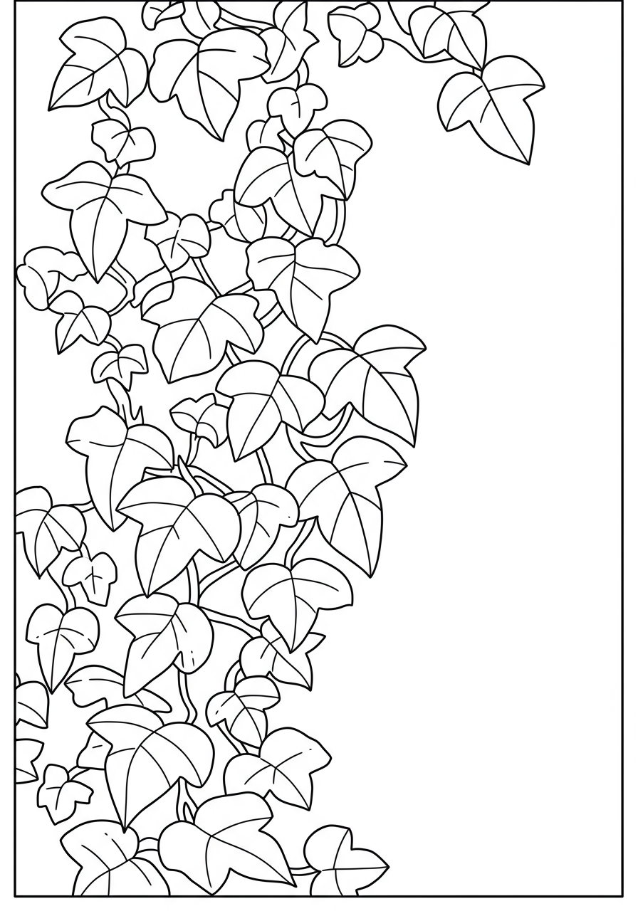Free printable coloring page featuring a simple illustration of ivy leaves climbing a wall, perfect for young children and nature lovers.