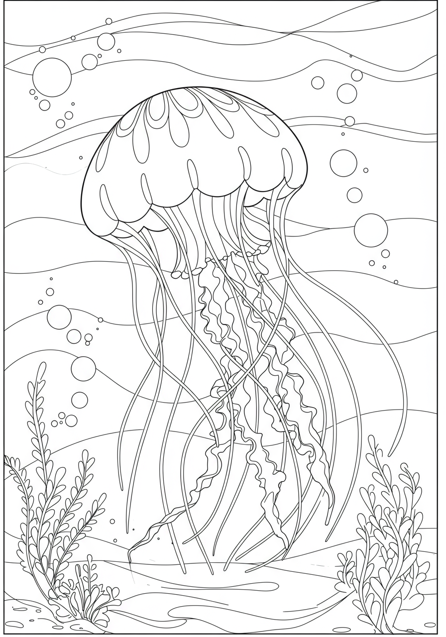 Free printable coloring page depicting graceful jellyfish floating in the ocean, perfect for kids to color.
