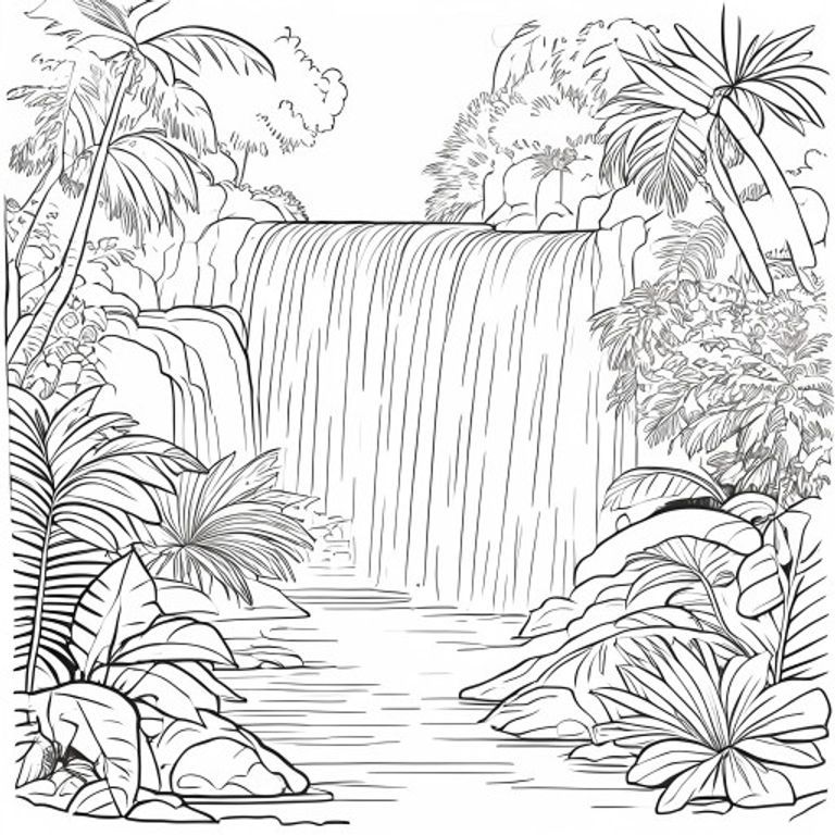 A free printable coloring page featuring an easy-to-color jungle waterfall flowing over rocks, surrounded by lush tropical plants and bold outlines, perfect for young children.