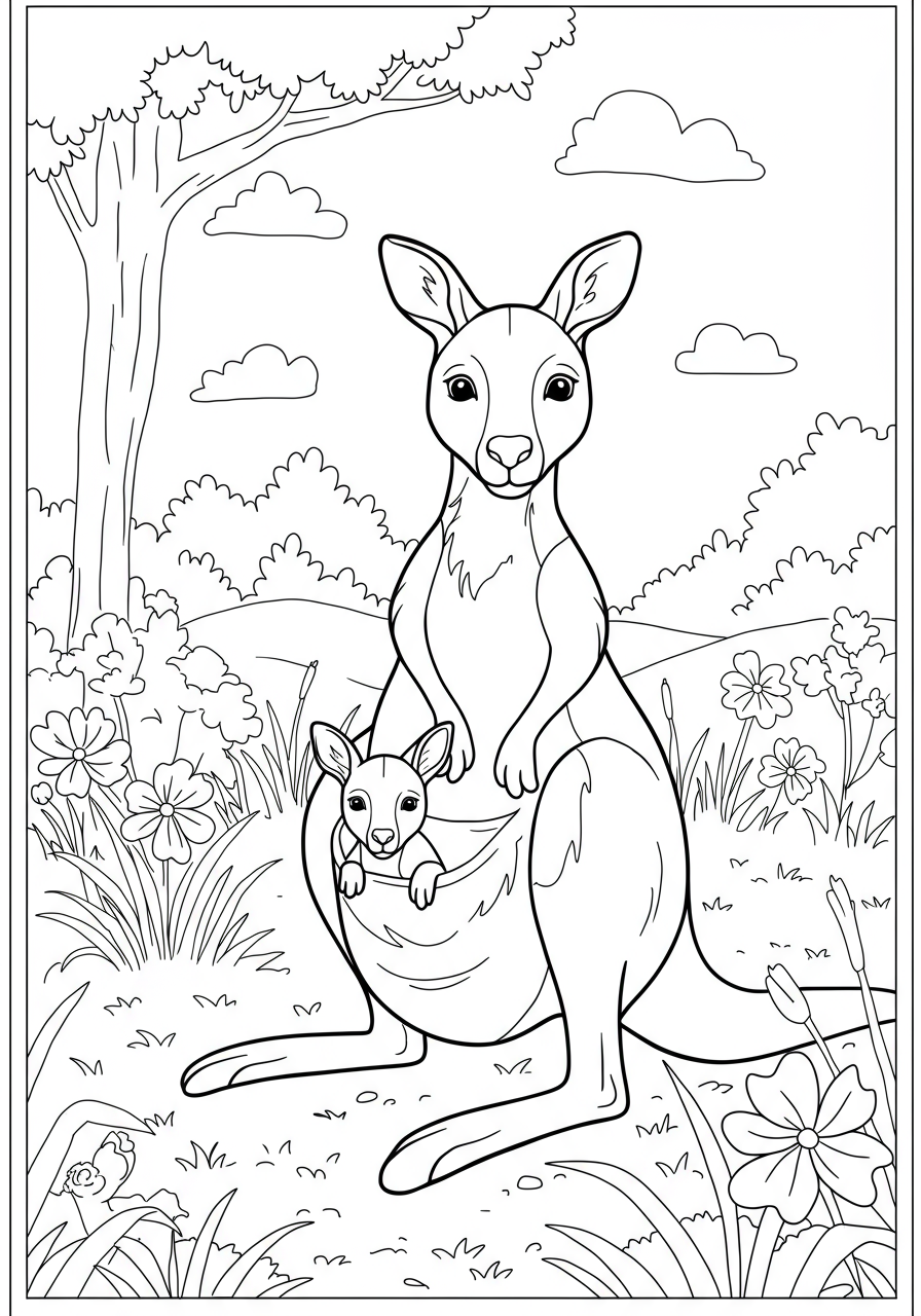 Free printable coloring page featuring a mother kangaroo with her joey peeking out from her pouch, set in a simple nature scene for kids.