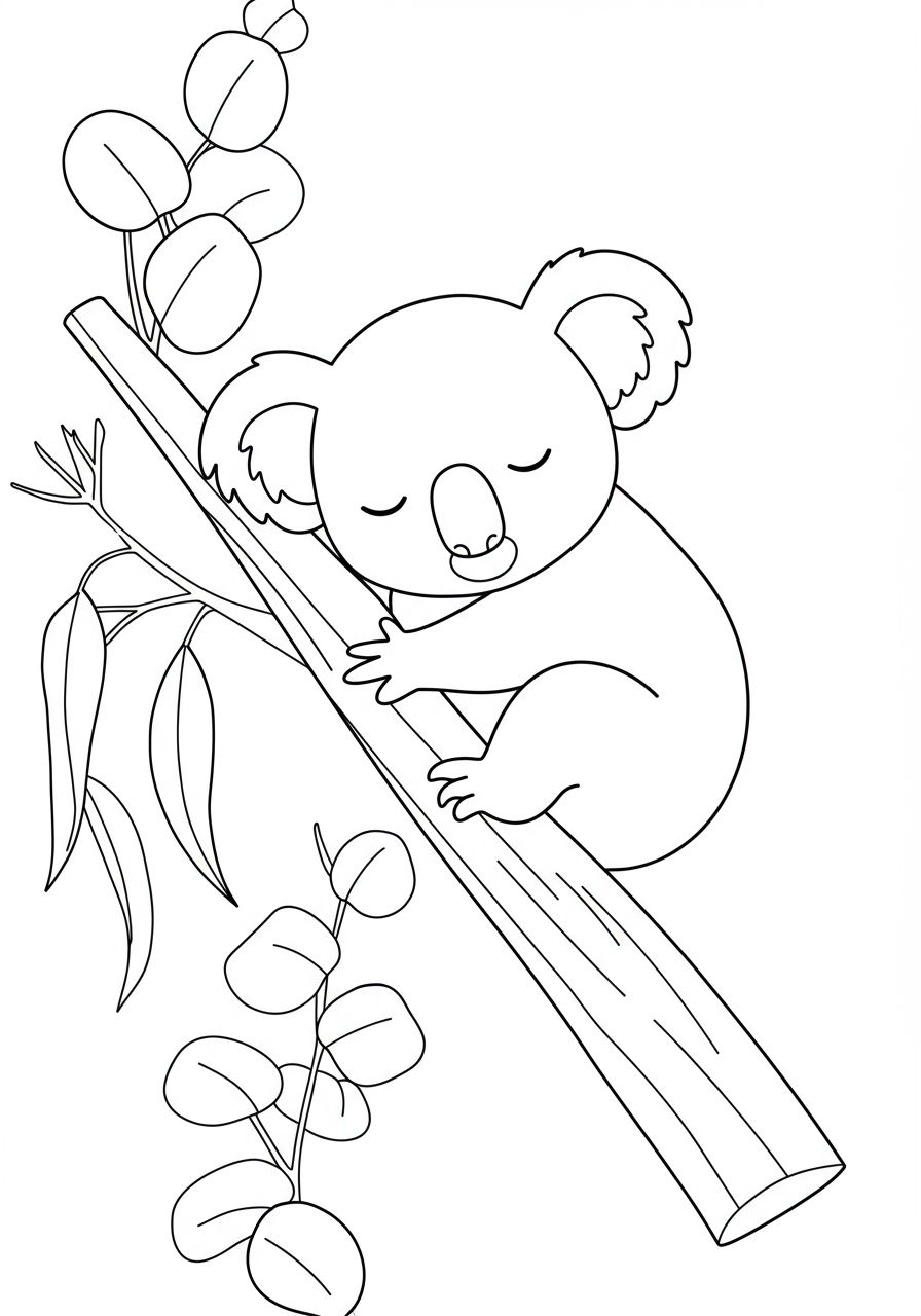 Free printable coloring page featuring a cute koala sleeping peacefully on a branch of eucalyptus leaves.